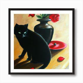 Black Cat With Roses Art Print