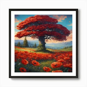 Poppy Field With A Pine Tree Growing In The Middle (1) (1) Art Print