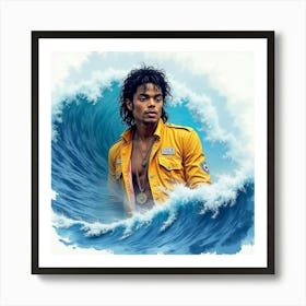 Michael Jackson With A Watercolor Ocean Waves Backdrop 1 Art Print