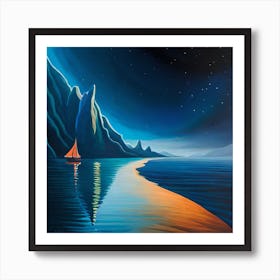 Sailboat At Night, Moonlight, Night Landscape, Digital art Print, Home Decor Art Print