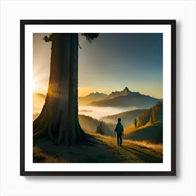 Sunrise In The Mountains , boy walking towards horizon Art Print
