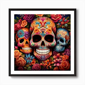 Maraclemente Many Sugar Skulls Colorful Flowers Vibrant Colors 14 Art Print