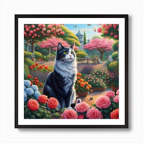 Cat's Secret Haven: Among the Roses Art Print