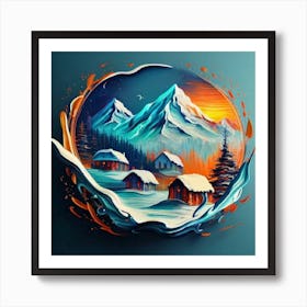 Abstract painting of a mountain village with snow falling 17 Art Print