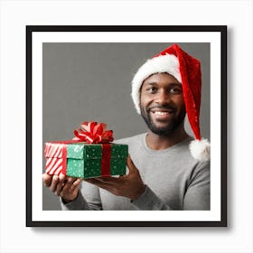 Happy African American Man With Christmas Gift 2 Art Print