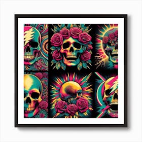 Grateful Dead Art: This artwork is inspired by the American rock band Grateful Dead, known for their eclectic style and psychedelic imagery. The artwork features a colorful skull with roses, a symbol of the band’s logo and album covers. The artwork also has some musical notes and stars in the background, representing the band’s musical influence and legacy. This artwork is suitable for fans of Grateful Dead or classic rock music, and it can be placed in a living room, bedroom, or music studio. Art Print