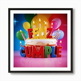 Feliz cumple and Feliz cumpleaños sign means Happy Birthday in Spanish language, Birthday party celebration gift with birthday cake candle colorful balloons best congratulation over light background wall artFeliz Cumple 14 Art Print