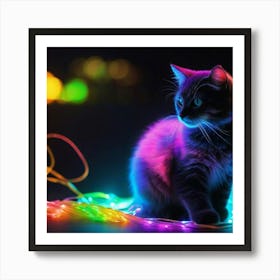 Cute Kitten With Colorful Lights Art Print