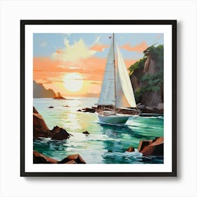 Abstract Tropical Island Big Sail Yacht In Bay Art Print