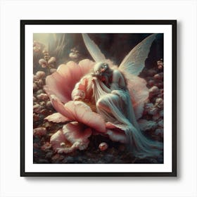 Fairy On A Flower, An ethereal artwork depicting a solitary fairy with translucent wings seated in a giant pink flower amidst a mystical garden, classic art Art Print