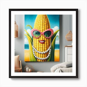 Pop Art Meets Corn: A Bright and Realistic Painting of a Corn with Pearl Earrings and Sunglasses Art Print