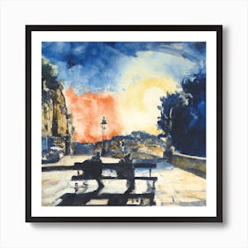 Watercolor Of Bench At Sunset Art Print