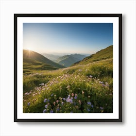 A Lush Green Mountain Filled With Blooming Wildflowers Basks In Warm Sunlight Under A Clear Blue Sky, Its Natural Beauty Portrayed Serenely Art Print