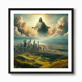 Jesus In The Clouds Over City In The Valley Affiche