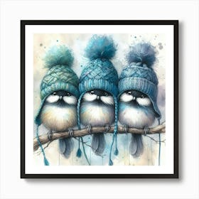 Three Birds In Blue Hats Art Print