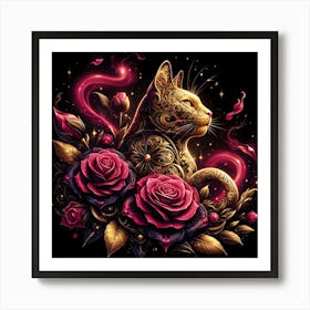 Cat With Roses 3 Art Print