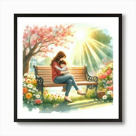 Mother And Child Sitting On A Bench Art Print