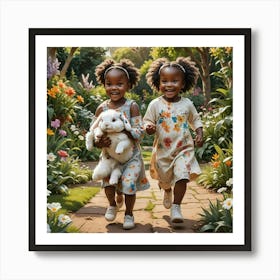 Two Little African Girls Happy In A Garden Holding A White Rabbit Art Print