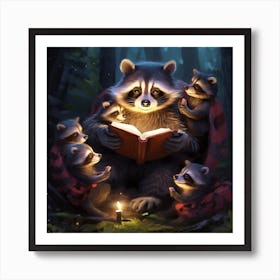 Mom Racoon Reading To Her Babies In The Forest  Art Print