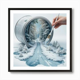 A surrealistic hyperrealistic artwork of a white winter large paint can tipped over, with its contents artistically formed into a vibrant winter magical forest landscape 1 Art Print