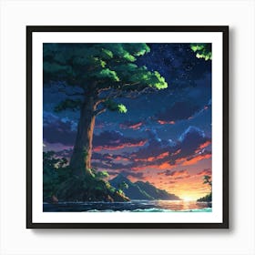 Majestic Twilight Sky Over A Serene Coastal Landscape With An Ancient Tree Art Print