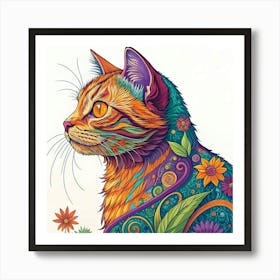 Boho Cat With Whimsical Flowers Poster