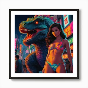 Retro Pop Godzilla with Brunette Art Print