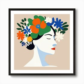 woman portrait with flowers  head crown Art Print