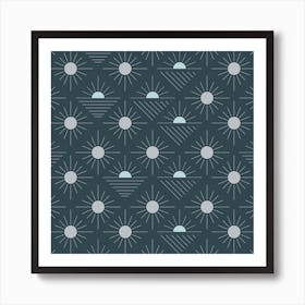Geometric Pattern With Suns On Dark Blue Square Art Print