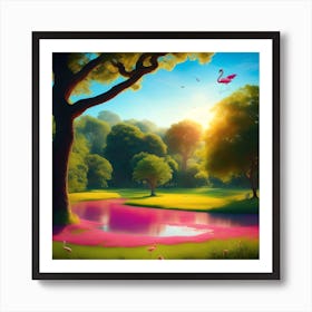 "Flamingo's Paradise: A Majestic Encounter with Sunlit Birds" Art Print