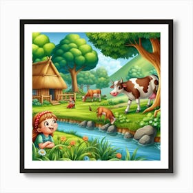Illustration Of A Girl In The Countryside 1 Art Print
