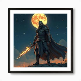 A Warrior Holding A Sword With Fire Coming From The Blade, Standing Under A Starry Sky With A Full Moon Art Print