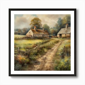 The old British countryside, a work of wall art dating back to 1960, with all its details and colours. The farm is an old oil painting in faded oil colours.5 Art Print