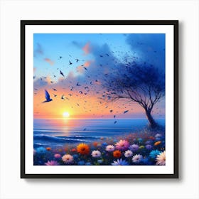 Sunset With Birds And Flowers 1 Art Print