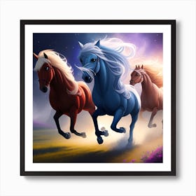 Three Horses Running In The Night Sky Art Print