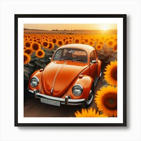 Vintage Vw Beetle In Sunflower Field Art Print