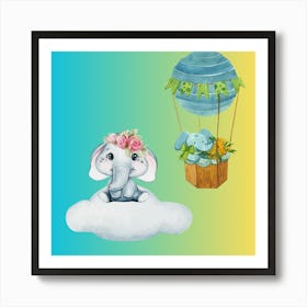 Baby Elephant And Hot Air Balloon Art Print