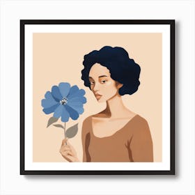 Illustration Of A Woman Holding A Blue Flower Art Print