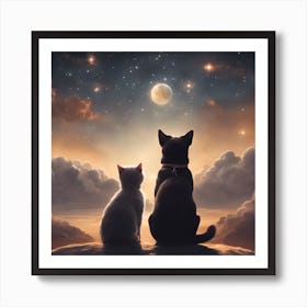 Cat and dog looking at the moon Art Print