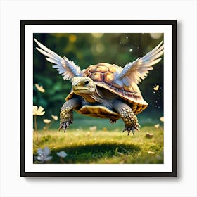 Tortoise With Feathers On His Shell Landing To The Ground (1) Art Print