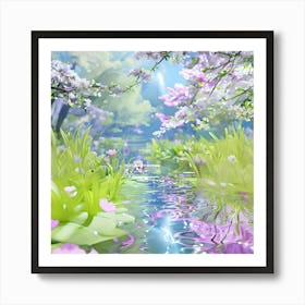 Cherry Blossom in A Serene Pond at Springtime Art Print