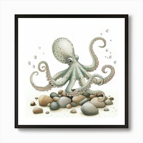 Storybook Style Octopus With Rocks 4 Art Print