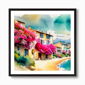 Watercolor Of A Seaside Village Art Print