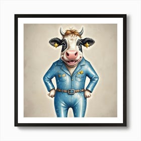 Cow In Blue Uniform Art Print