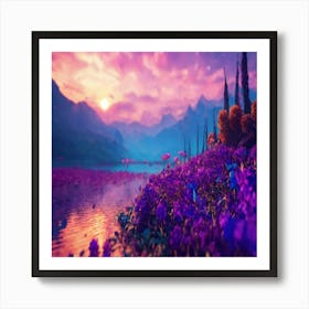Purple Flowers In A Lake Art Print