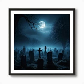 Full Moon Casting An Eerie Glow Over A Cemetery Gravestones Crooked With Names Worn By Time Mist C (5) Art Print