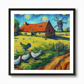 Chickens In The Field Art Print