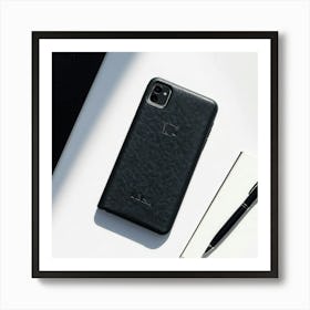 Leather Phone Case With A Textured Finish And Embossed Logo Matte Black Laid Beside An Open Notebo Art Print