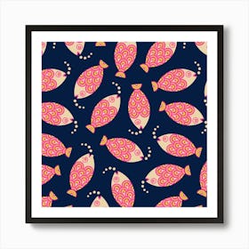 SWIMMING FISH Retro Geometric Undersea Ocean Sea Life in Hot Pink Sand Midnight Blue Art Print