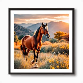 Horse In A Field At Sunset Art Print